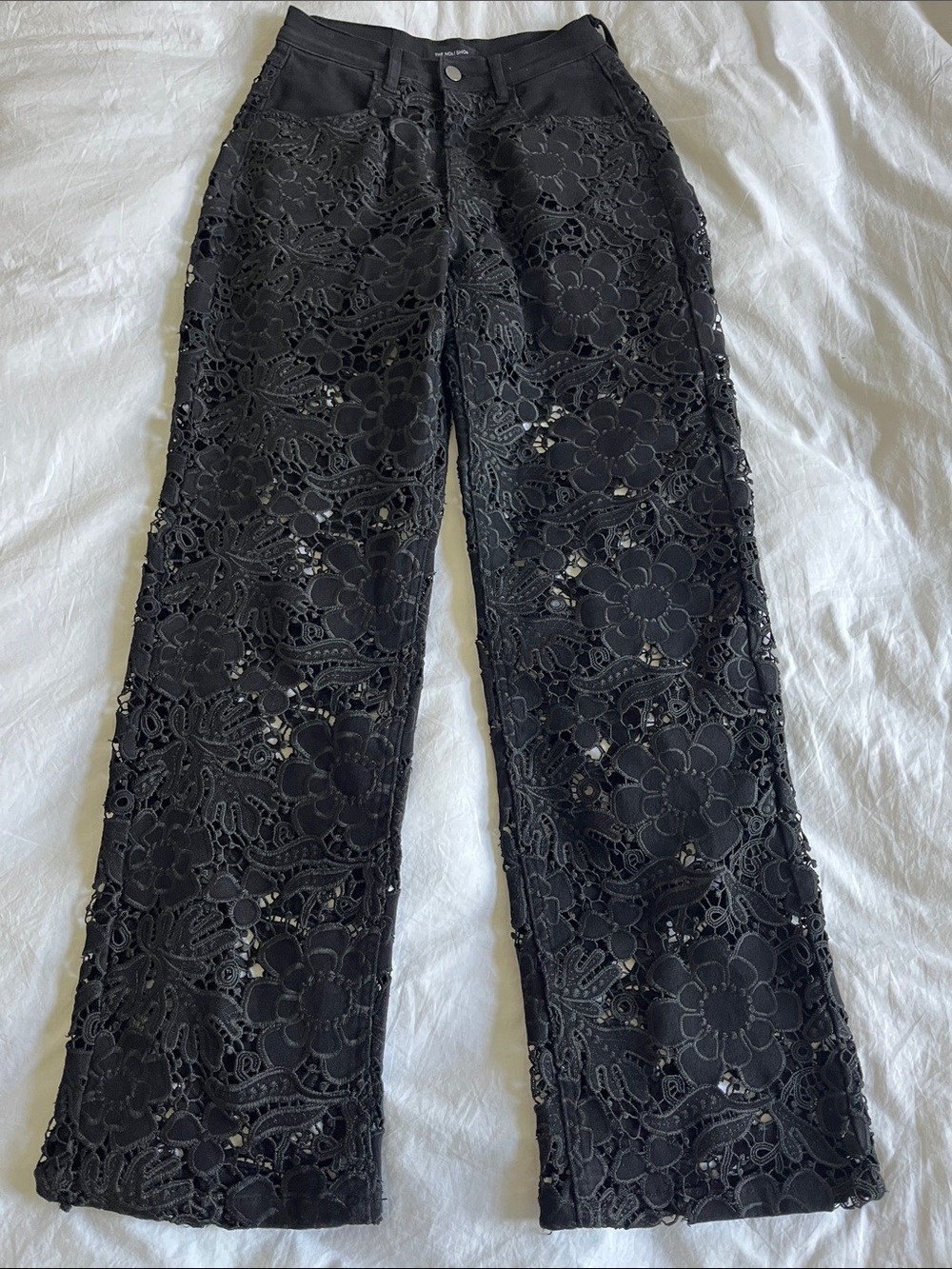 The Nola Shop Black Floral Eyelet Cutout Jeans Statement Pants Festival Concert